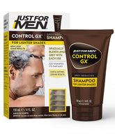 Just for Men Control GX shampoo bottle close-up showing grey reduction over time