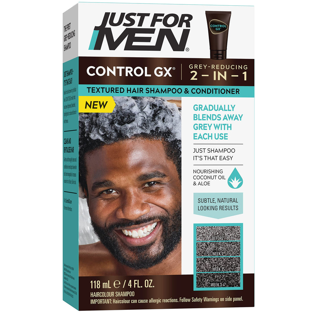 Just for Men Control GX shampoo bottle shows gradual grey reduction with every wash