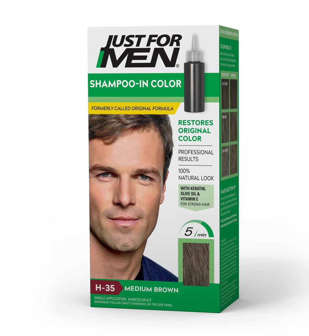Just For Men Shampoo-In Color Medium Brown bottle ready for quick gray coverage.