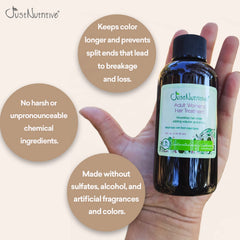 Liquid texture of Just Nutritive oil on hair for hydration.