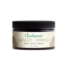 Just Nutritive sunless daily facial cream bottle label close-up for premium self-tanning.