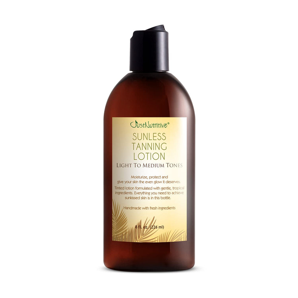 Just Nutritive sunless tanning lotion bottle with natural, even glow for all skin tones.