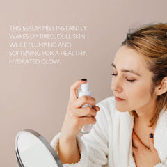 Just Us Tighten Glow Serum Mist application on skin demonstrates even absorption