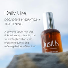Just Us Tighten Glow Serum Mist spritz shown for quick skin refresh