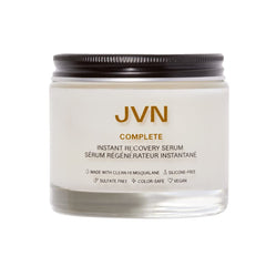 JVN Complete Instant Recovery Serum bottle showing frizz control and heat protection benefits.