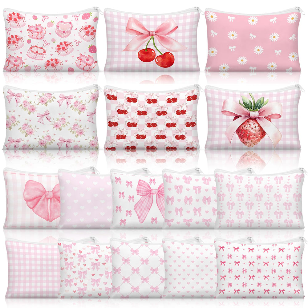 Kacctyen pink bow makeup bag with heart pattern, ideal for gifts and events.