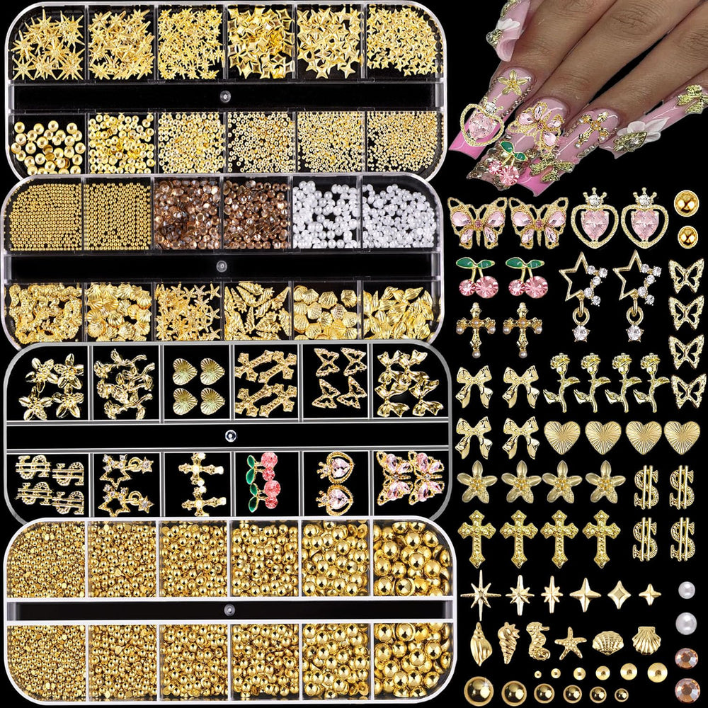 KACHIMOO gold nail charms 4-boxes set offers versatile styles for diverse nail art.