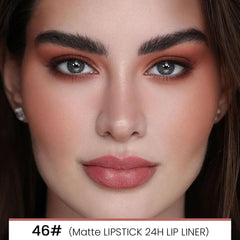 Kaely 2-in-1 nude pink velvet matte lipstick with smooth color payoff.