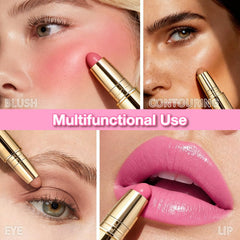 Kaely Contour Blush Stick warm-toned shade swirls on the cheek for a radiant glow.
