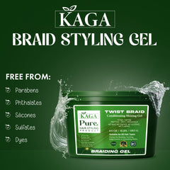 KAGA Neatbraid Gel on braids and twists for conditioning shine.