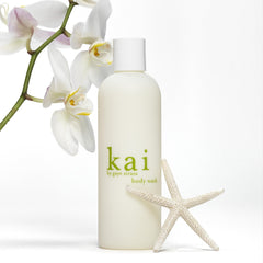 Kai body wash ingredients label featuring cucumber, comfrey, and ivy for gentle cleansing.
