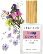 Kailuna Co. Baby Powder Mist bottle offers a soft powdery scent for daily wear.