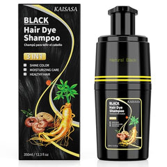 KAISASA Black Hair Dye Shampoo bottle shows 3-in-1 at-home color, cleanse, and conditioning