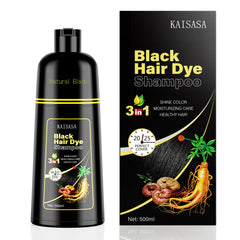 KAISASA Black Hair Dye Shampoo bottle demonstrates at-home gray coverage with herbal formula.