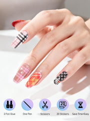 Kalolary buffalo plaid foil sheets create glossy patterns on home manicures.