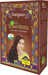 KANGANA Henna powder dark brown packaging highlights natural grey coverage option.