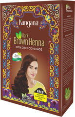 KANGANA Henna powder dark brown packaging highlights natural grey coverage option.