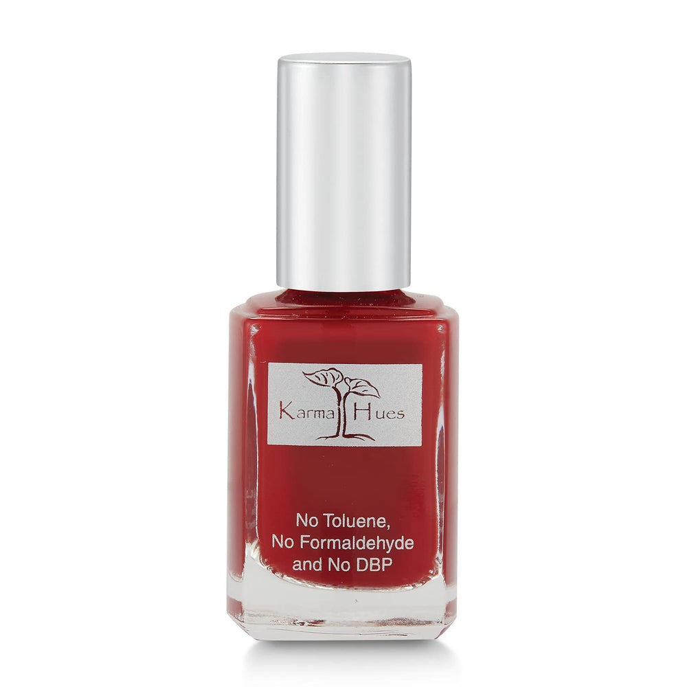 Karma Naturals Nail Polish Bordeaux bottle shows a non-toxic vegan formula.