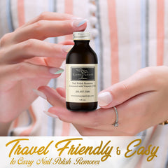 Karma Organic bottle pour shot illustrating easy, controlled polish removal