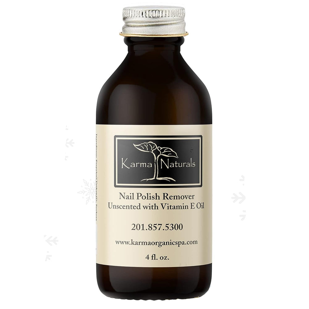 Karma Organic Nail Polish Remover Unscented bottle closeup for gentle acetone-free polish removal.