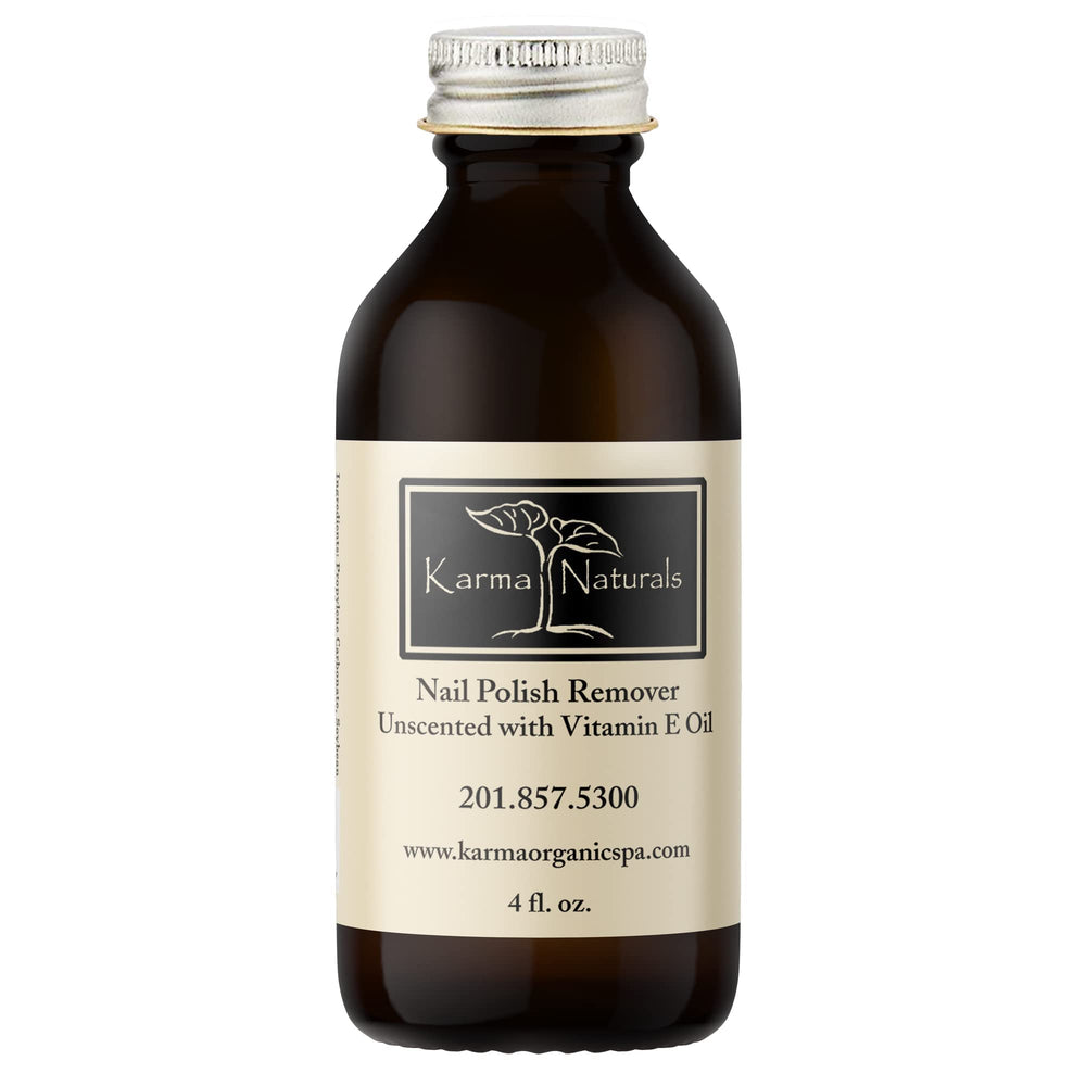 Karma Organic unscented nail polish remover bottle shot highlighting a calm, fragrance-free design and vitamin E benefits