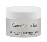 KarmaCeuticles Ultra Soy Peptide Creme jar delivers hydrating radiance for dry, dehydrated skin.