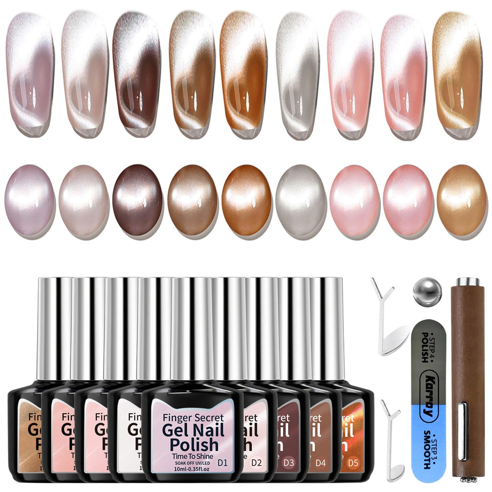 Karroy Cat Eye gel polish kit showcases nine 10ml bottles with shimmering magnetic color.