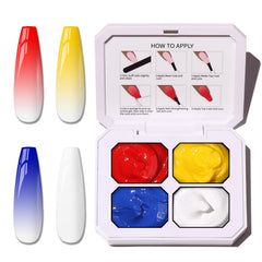 Karroy sponge pat gel nail palette ombre gradient in blue, red, yellow, white for chic nails
