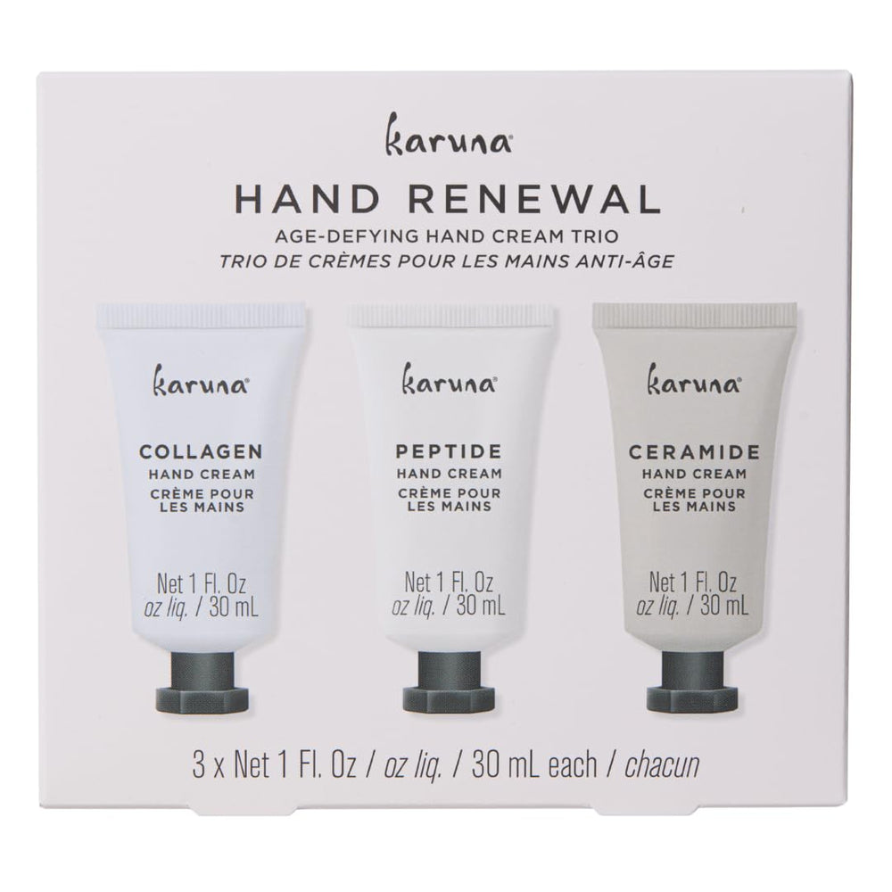Karuna Age-Defying Hand Cream Trio pack-front view for travel hydration and soft hands.