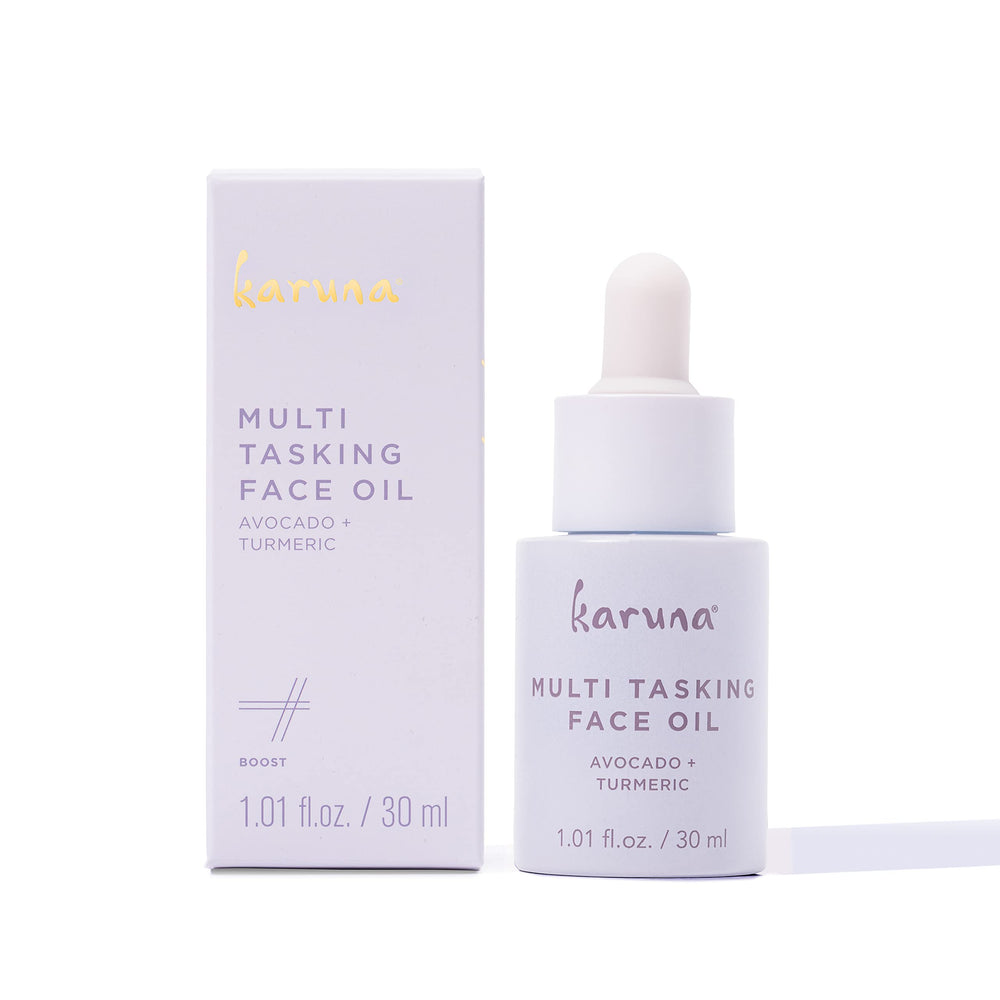 Karuna Skin Multi Tasking Face Oil bottle closeup for daily hydration and balance