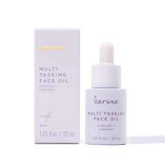 Karuna Skin Multi Tasking Face Oil bottle closeup for daily hydration and balance