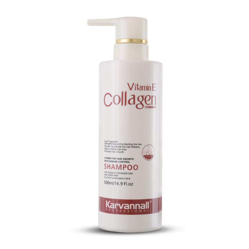Karvannall Vitamin E and Collagen Shampoo bottle highlights nourishing formula for daily nourishment
