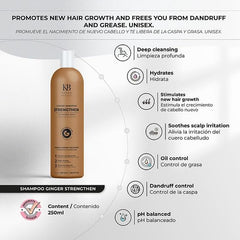 Kashia Beauty Ginger Strengthen Shampoo label close-up highlights natural ginger extract for scalp vitality