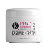 Kashmir Keratin Ceramic Hair Mask bottle pour showing rich conditioning for frizz control