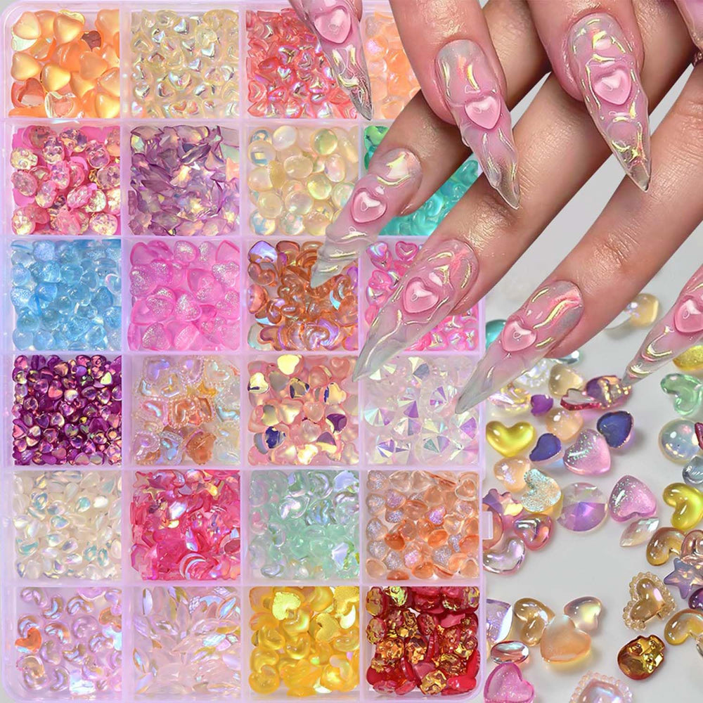 KASOICRA 24-grid aurora heart charms for versatile nail art.