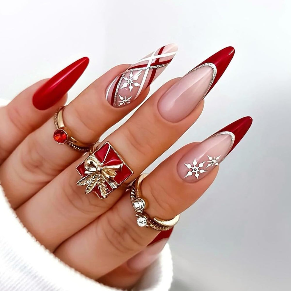 KASOICRA long stiletto nails with snowflake pattern for festive flair