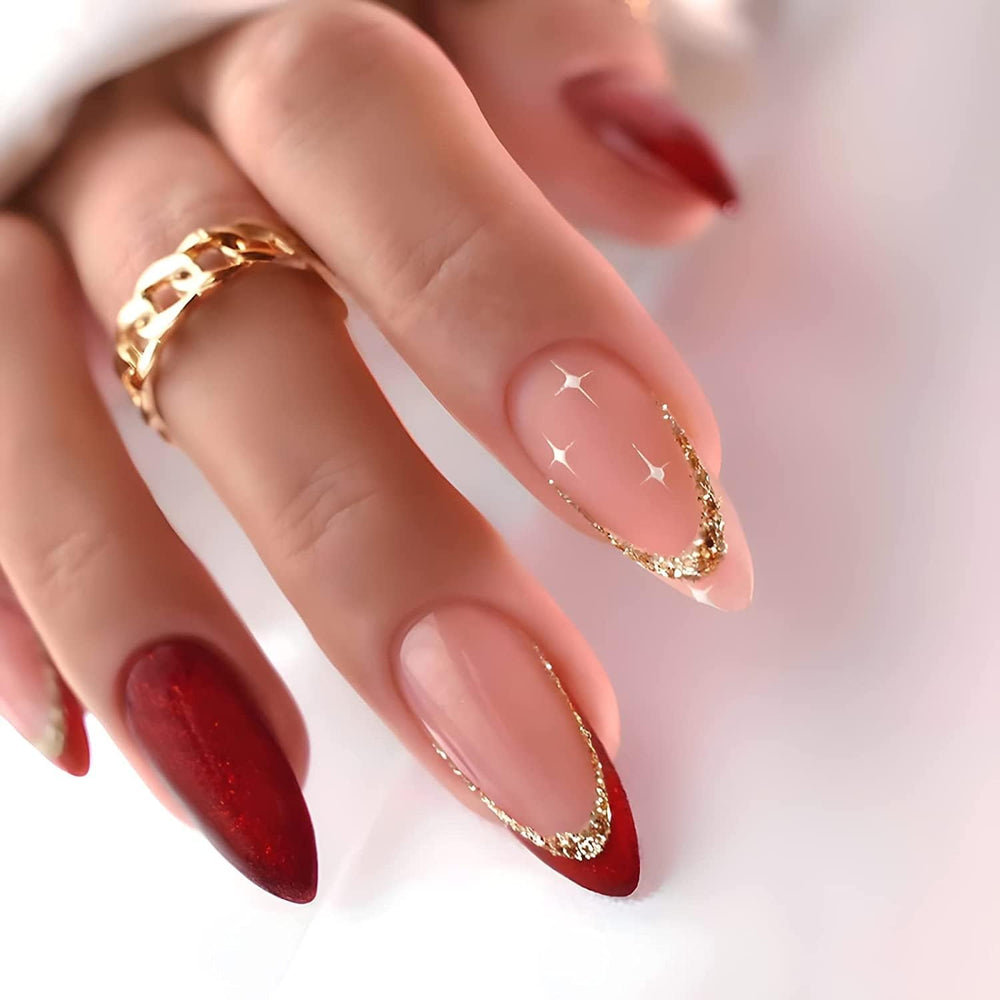 KASOICRA red press-on nails with glitter for Valentine’s Day sparkle.