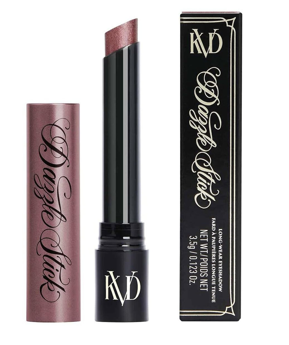 Kat Von D Dazzle Heat Burst swatch on skin shows bold vegan ruby shade for vibrant lids.