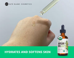Kate Blanc Argan Oil applied to hair for frizz control and shine.
