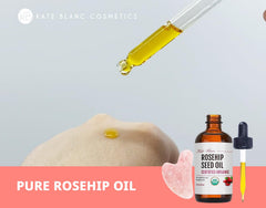 Kate Blanc rosehip oil close-up highlighting organic, cold-pressed formula for nourished skin.