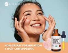 Organic rosehip oil packaging with dropper for easy daily application.