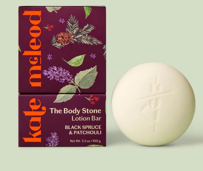 Kate McLeod Black Spruce Patchouli lotion bar delivering deep hydration for velvety skin.
