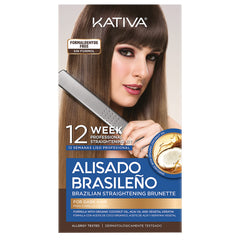 KATIVA packaging for the Brazilian Straightening Brunette Kit, at-home professional results.