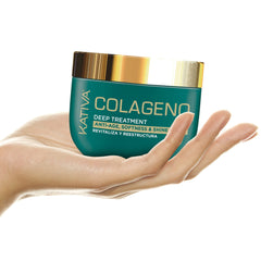 Kativa collagen mask cream texture on hand, signaling deep conditioning and smoothing.