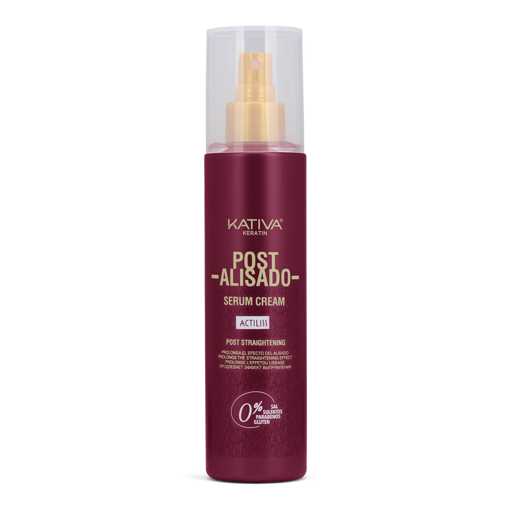 Kativa Post Straightening Serum Cream bottle shown for smooth, long-lasting straightening.