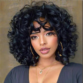 Kavsni short curly wig for Black women with bangs, natural look and versatile styling.
