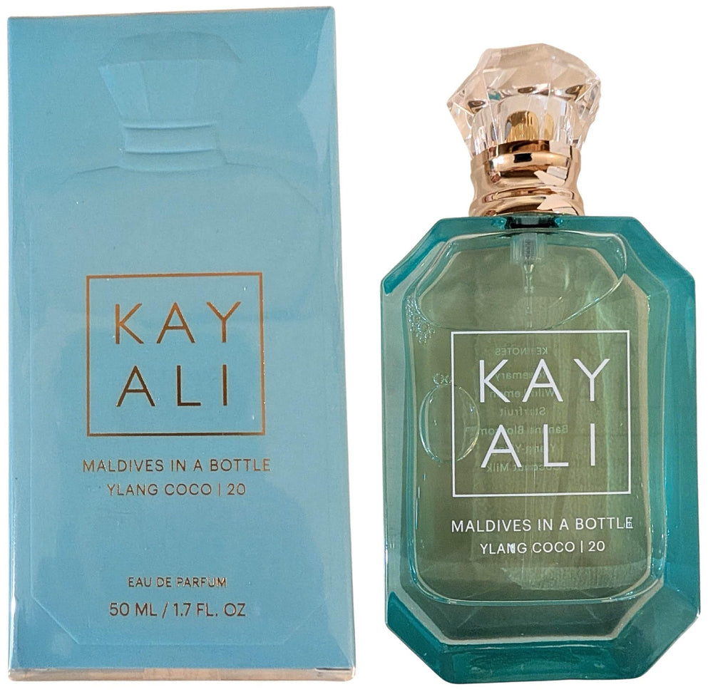 Kayali Maldives Ylang Coco bottle front view, premium aquamarine design for luxury rituals.