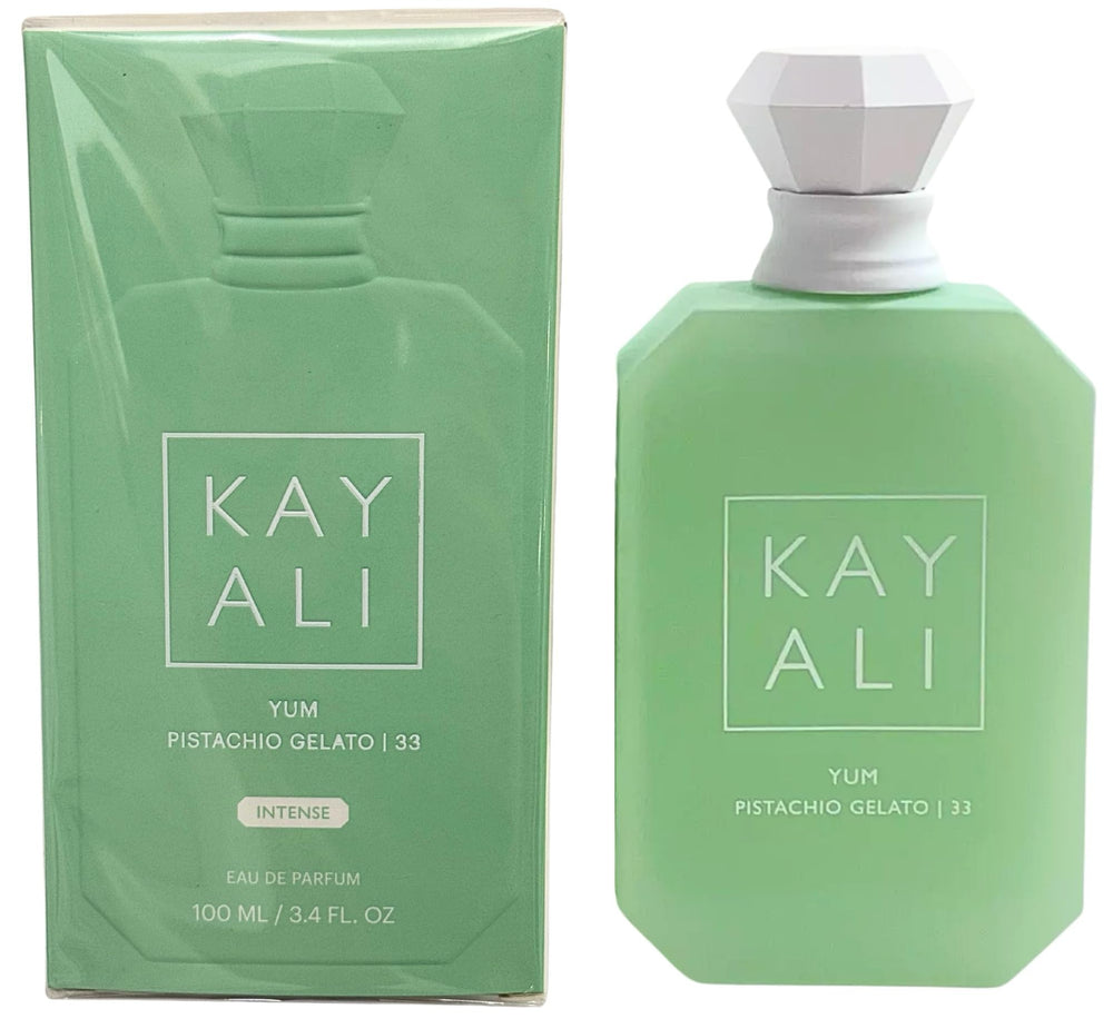 Kayali Yum Pistachio Gelato 33 Intense EDP bottle with nutty gourmand notes for day and night.