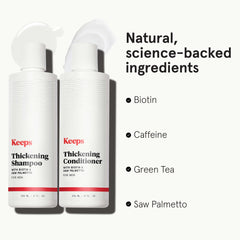 Keeps thickening conditioner label closeup featuring saw palmetto and color-safe formula.