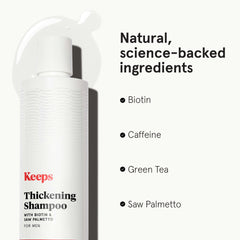 Keeps Thickening Shampoo label packaging highlights biotin and caffeine.